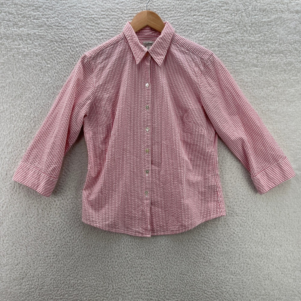 LL Bean Seersucker Shirt Womens S Pink White Vacationland Striped Preppy Beach